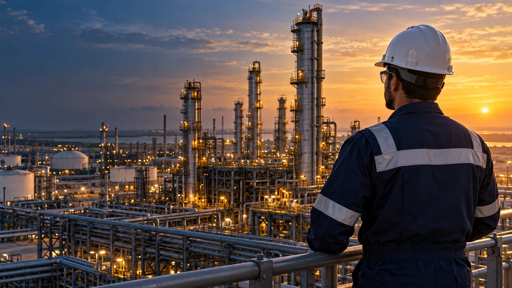 Industrial worker in PPE at a Gulf processing plant